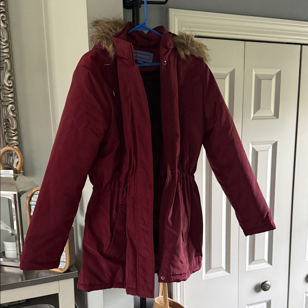 Laura Scott Maroon Jacket with Faux Fur Trim